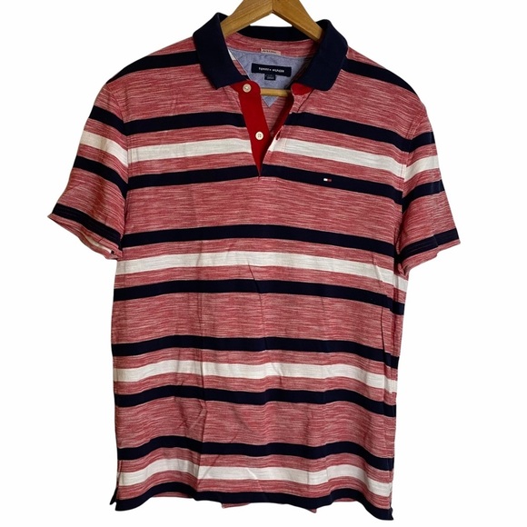 Tommy Hilfiger Polo Red White Black Stripes Cotton Golf Shirt Large L Preppy - Picture 1 of 12